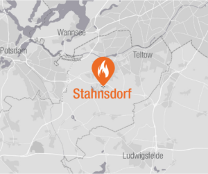 Karte von Stahnsdorf. Der Standort des Schulungszentrums ist orange markiert.